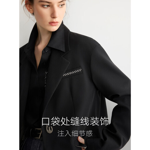 ELLE high-end silhouette loose suit jacket for women 2026 spring new fashionable contrasting color design suit black L