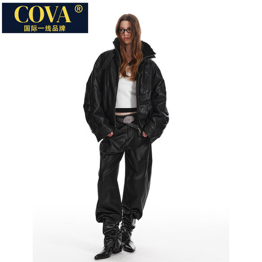 COVA international first-line brand fur collar retro pilot silhouette leather cotton coat for women 2025 winter new fashion jacket black (ready in stock) S