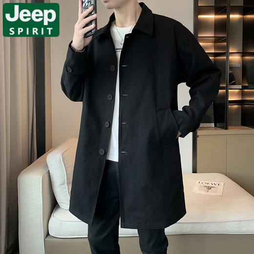 JEEP SPIRIT mid-length windbreaker jacket for men spring and autumn 2026 new lapel casual lapel jacket for men black jacket 2XL (185) weight 140-156Jin Jin is equal to 0.5 kg