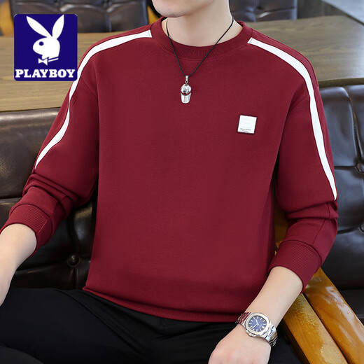 Playboy (PLAYBOY) Spring and Autumn Spliced Striped Sweater Men's T-shirt Long Sleeve Round Neck Pullover T-shirt Youth Casual Bottoming Shirt Men Red M 100--120