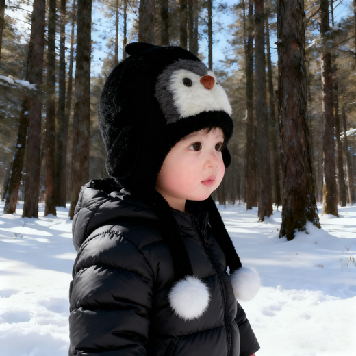 Jingqi Baby Hat Autumn and Winter Children's Plush Warm Ear Protection Hat Infant and Toddler Cute Cartoon Outing Plush Hat Black 48-52cm