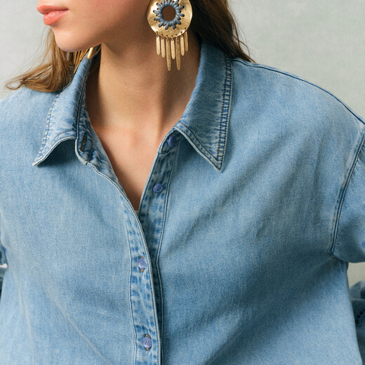 Fabrique washed light blue floral embroidered cotton and linen denim shirt 2026 spring new arrival light blue XS