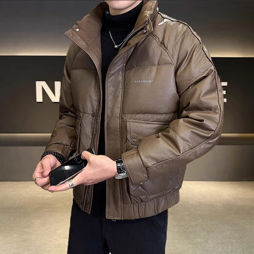 KBXNG Jinba Кожаный пуховик Мужская зимняя короткая модная и красивая куртка из искусственной кожи с воротником-стойкой Утолщенная теплая одноразовая куртка черного цвета M