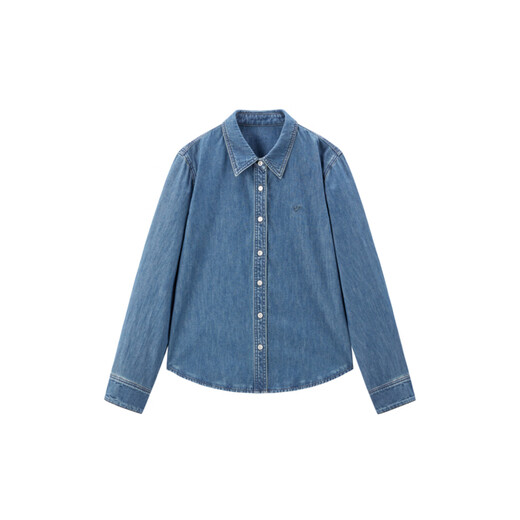 Peacebird long-sleeved slightly wide denim shirt 26 spring women's new cuff inner stripe contrast fashion shirt denim medium blue L 165