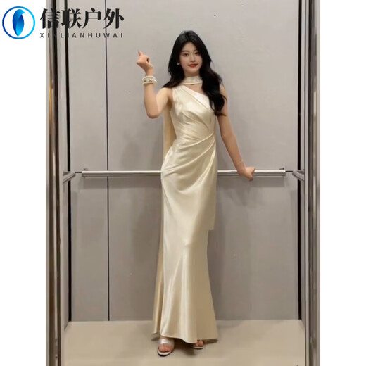MPPMCK engagement dress high-end light luxury niche high-end dressing gown female bride temperament socialite off-shoulder satin dress champagne color (including ribbon) S