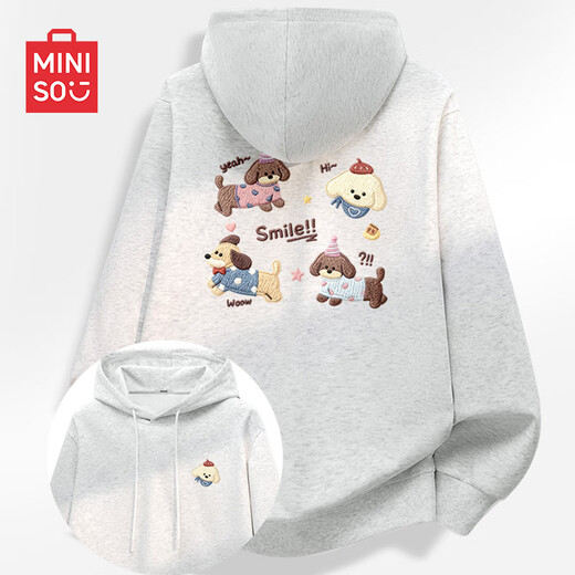 MINISO Cartoon Puppy Hooded Pullover Sweatshirt for Men and Women 2026 New Spring and Autumn Loose Heavy Design Couple Jacket White Flower Gray (m Cute Dog Universe Chest Label_m Cute Dog Universe Back Label) S/165 (Strict Quality Control)