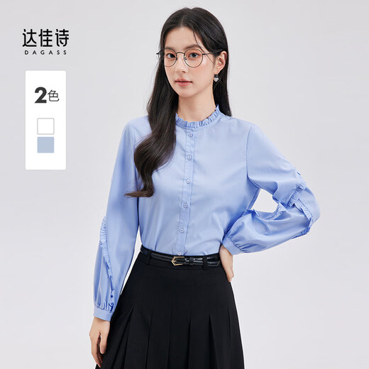 Dajiashi Blue Shirt Women's Spring Round Neck Wooden Ear Design Small Shirt Women's Sweet Puff Sleeve Shirt Blue S 155/80A