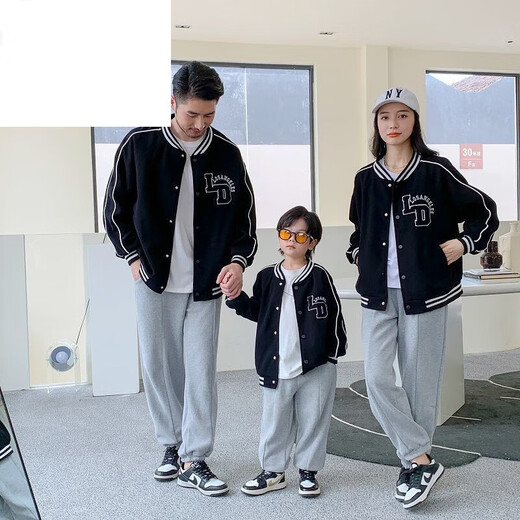 Disney (Disney) Korean version of baseball uniform parent-child clothing for a family of three in autumn and winter burgundy thickened jacket black college style family clothing wide/loose version burgundy baseball uniform 120