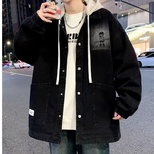 Handsome denim jacket men's spring and autumn trendy brand ins hooded loose versatile coat trendy Korean style fake two-piece top black XL