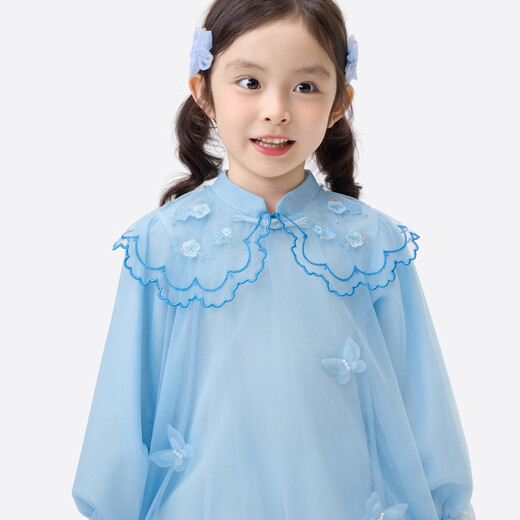 Xiaoyinman children's clothing girls' new Chinese style dress with button stand collar 26 spring Chinese style mesh skirt for children and middle-aged children blue 105