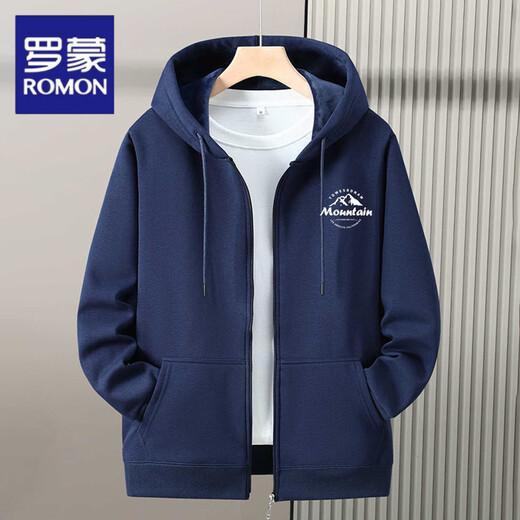 Romon zipper cardigan hooded sweatshirt men's spring, autumn and winter velvet thickened junior high school and high school student large size jacket, navy blue without velvet (hill) L