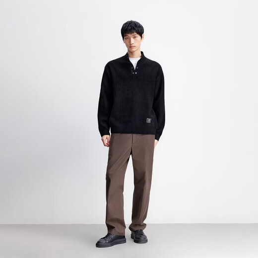 JACK&JONES 26-year-old men's wool sweater simple solid color letter patch stand collar loose casual sweater 226125003 E40 black-1 M (175)