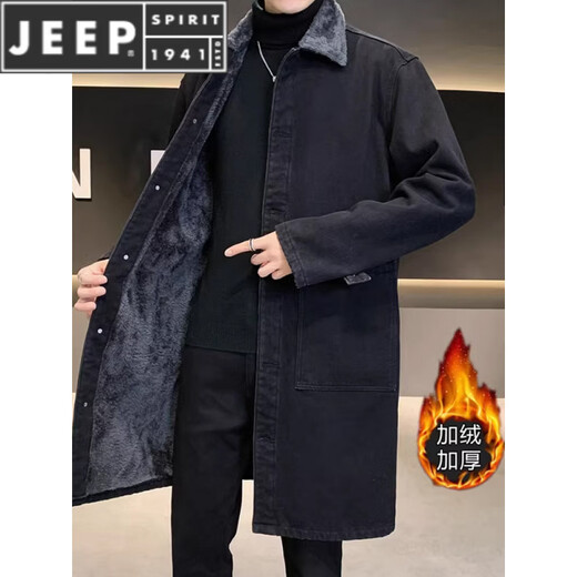 JEEP SPIRIT风衣男中长款冬季加厚加绒潮流宽松大码羊羔毛翻领牛仔大衣外套男 黑色 M