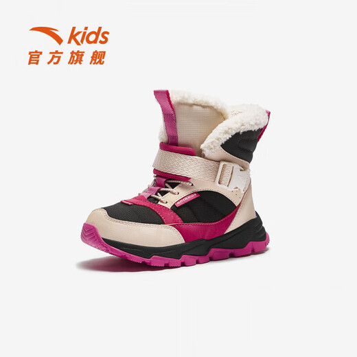 ANTA Children's Synthetic Leather Shoes Girls' Shoes 2025 Winter New Product Leather Water-Repellent Water-Repellent Plus Velvet Warm Snow Boots Black/Fan Pink-3 28