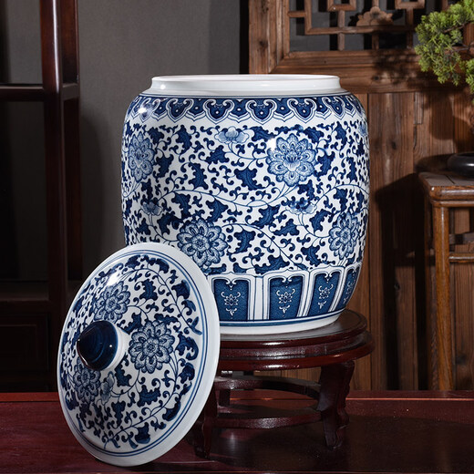 OUOETY blue and white ceramic rice vat for home use with lid 25/50 Jin Jin equals 0.5 kg, barreled and thickened moisture-proof and insect-proof rice bucket storage tank, Panzhilian 25 Jin Jin equals 0.5 kg _ Comes with base measuring cup