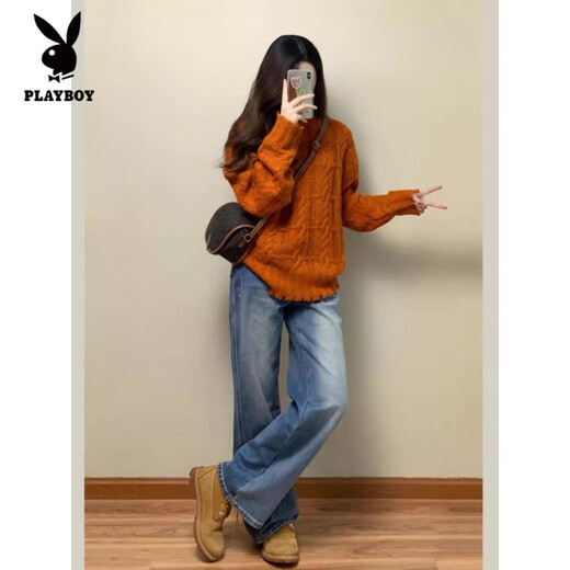 Playboy (PLAYBOY) French Retro Pumpkin Orange Twist Sweater Women's Autumn and Winter New Casual Soft Waxy Gentle Wind Lazy Knitted Top Women Orange S Recommended 80-95Jin Jin is equal to 0.5 kg