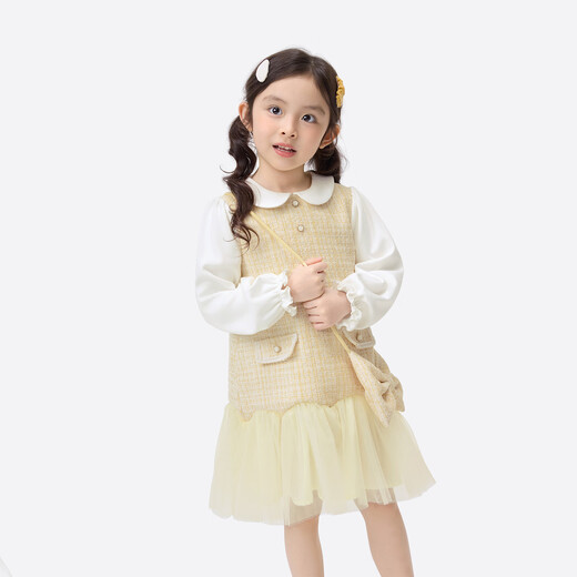 Xiaoyinman children's clothing girls doll collar dress Xiaoxiangfeng 26 spring sweet and cute mesh skirt for children yellow 110