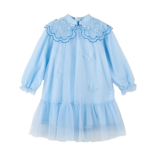 Xiaoyinman children's clothing girls' new Chinese style dress with button stand collar 26 spring Chinese style mesh skirt for children and middle-aged children blue 105