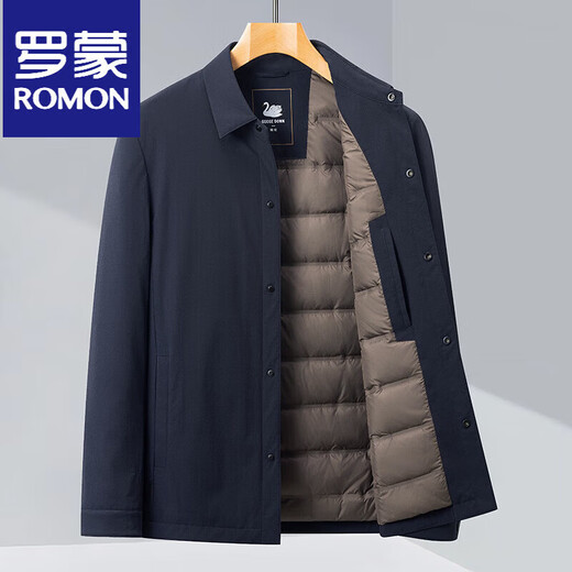 罗蒙（ROMON）轻暖鹅绒系列2025新款男商务夹克休闲羽绒服翻领冬季保暖外套 藏青色 M 170