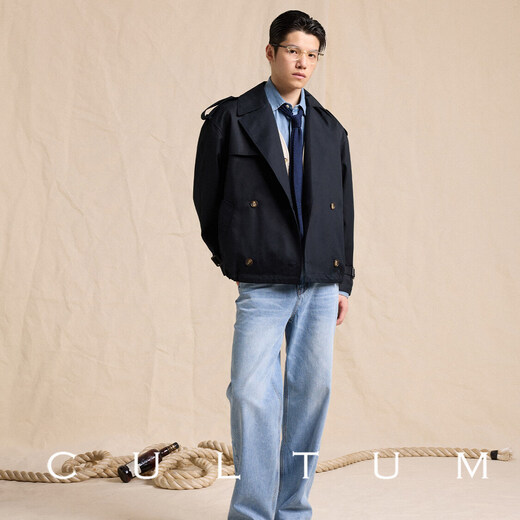 CULTUM【挡风防泼水】CULTUM纯棉双排翻领短款战壕风衣外套男学院风夹克 藏蓝 S