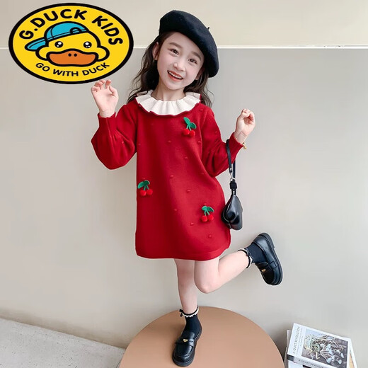 G.duck Girls Sweater Dress 2025 Autumn and Winter New Children's Doll Collar Knitted Dress Baby Fashionable Princess Skirt Red Sweet Cherry Sweater Dress 110 Tag Suitable for 100cm