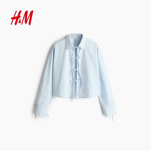 H&M 2026 Spring New Women's Front Tie-Up Poplin Shirt 1327619 Light Blue/Stripes XS 155/80