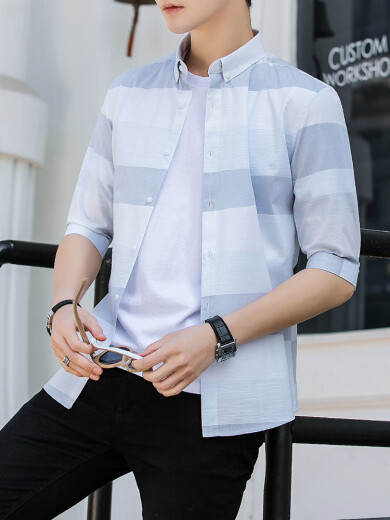 Buyan short-sleeved shirt men's casual striped Korean style slim and trendy handsome five-quarter sleeve men's shirt no-iron summer half-sleeve Q7 green five-quarter sleeve M [within 110Jin [Jin equals 0.5 kg]]