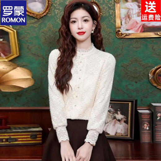 ROMON velvet thickened French lace shirt for women 2026 autumn and winter new style long-sleeved shirt bottoming shirt for women apricot regular style 2XL recommended 128-138Jin Jin equals 0.5 kg