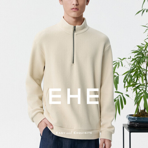 EHE men's air layer pleated three-dimensional texture stand collar zipper drop shoulder fitted sweatshirt men's 2026 spring new style beige, M