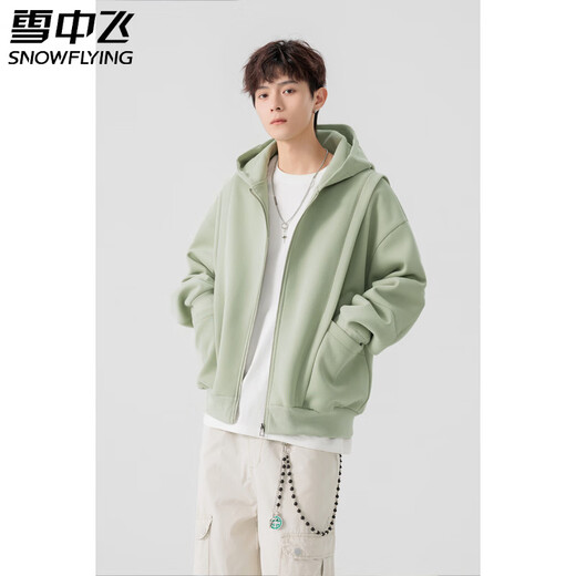 Snow Flying (SNOWFLYING) green cardigan sweatshirt for men spring and autumn 2026 new American trendy brand loose couple style heavy hooded jacket black L suitable for 110~130Jin Jin equals 0.5 kg