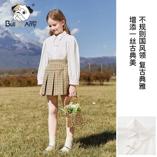 CHANZUIGOU Girls' Chinese Style Long Sleeve Shirt 2025 Autumn New Style Children's Lapel Pearl Plate Button Top Middle and Large Children White 130 cm