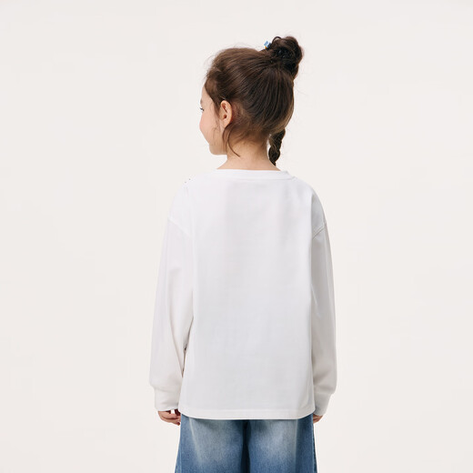 Xiaoyinman children's clothing girls' long-sleeved T-shirts with fun prints in the spring of 2026 for middle and older children and girls round neck casual tops off-white 120