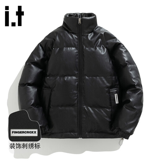 Fingercroxx it versatile black pu leather down jacket men's winter new American loose casual retro trendy brand warm jacket black counter same style L (120-140Jin Jin equals 0.5 kg)