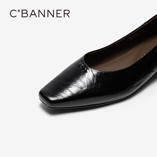 C.BANNER Low Heel Square Toe Shallow Mouth Shoes Women's 2026 Spring New Genuine Leather Commuting Flat Shoes Black 36 (230mm)