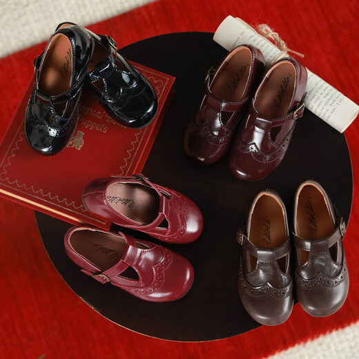 UTOUTO Big Ear Elephant Girls Hollow Lace Leather Shoes 2026 Spring New Anti-Slip Rubber Temperament Shoes 2602003 Dark Burgundy - Ready Stock 25 Inner Length 15.6cm