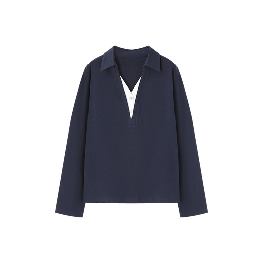Mohan Yimei Top 2026 Spring New POLO Fake Two-Piece Contrast Color V-Neck Slim Versatile Slim Long-Sleeved Shirt Navy S