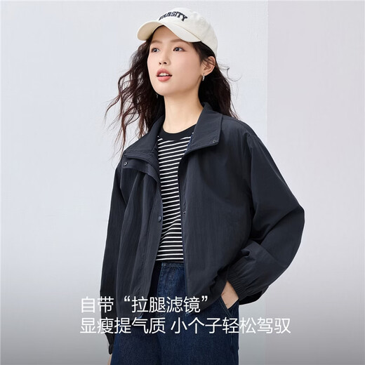 Giordano coat for women small new style sweet cool loose stand collar jacket short skin windbreaker women 13375104 91 light khaki M