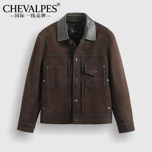 CHEVALPES international first-line brand light luxury leather jacket men's leather jacket suede suede matte retro classic lapel spring brown one size fits all 48 height 160-180 weight 130-150