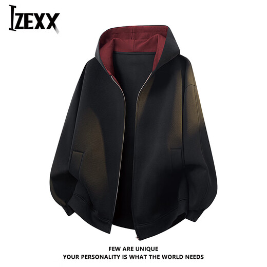 IZEXX American heavyweight casual sweatshirt jacket for men in spring loose and versatile contrasting color cardigan top DZ83 black 2XL