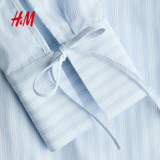 H&M 2026 Spring New Women's Front Tie-Up Poplin Shirt 1327619 Light Blue/Stripes XS 155/80
