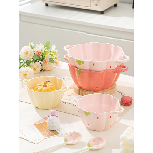 Tuojin Strawberry Cute Double-Eared Instant Noodle Bowl Children's Personal Ceramic Soup Bowl Fruit Princess Rice Bowl Pumpkin Bowl Pink 6.5-inch Double-Eared Bowl