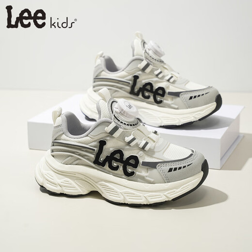 LEE KIDS2026 spring new children's sports shoes soft sole rotating button casual shoes mesh breathable running shoes dad shoes gray 26