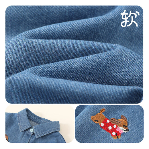 Om Bear Girls Denim Shirt Spring and Autumn 2026 New Baby Girl Spring Long Sleeve Top Jacket Children's Spring Shirt Blue Full Print 80 cm