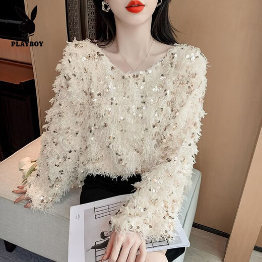 Playboy (PLAYBOY) sequined temperament sweater for women early spring round neck pullover sweater with chic French top underneath pink double layer Gary XL 105-120Jin Jin is equal to 0.5 kg
