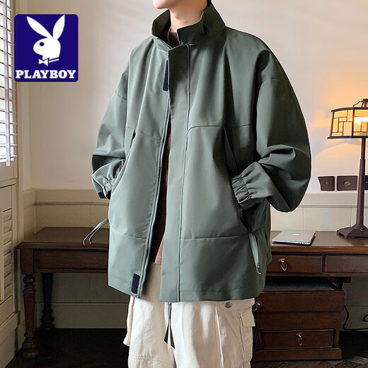Playboy (PLAYBOY) Spring Jacket Men's Zipper Stand Collar Loose Trendy Casual Solid Color Versatile Windproof Spring and Autumn Men's Jacket Hoodless Black S