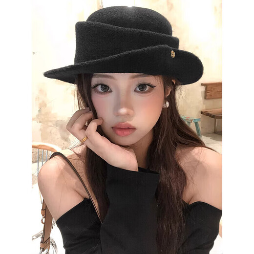 Zhunwu Qianjin top hat women's hat autumn and winter 2026 new woolen fisherman hat felt hat basin hat winter hat Hepburn style elegant French Qianjin style curled black top hat