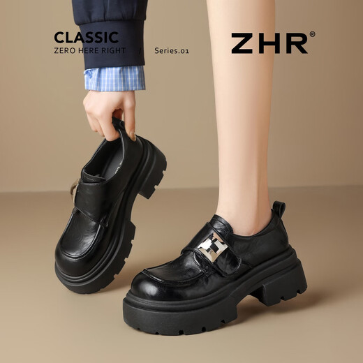 ZHR is high-heeled loafers for women, college-style thick-soled single shoes, new Velcro slip-on leather shoes KN286 black 37