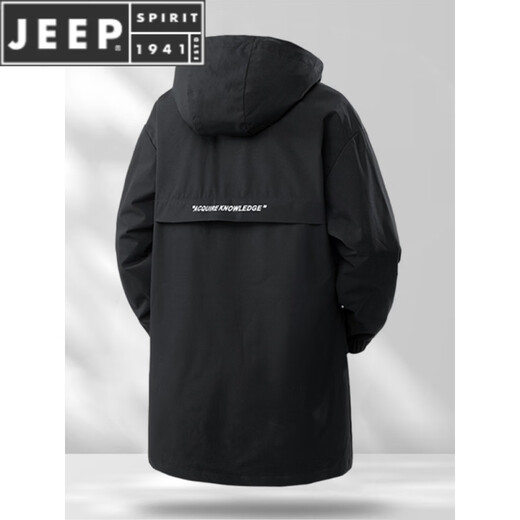 JEEP SPIRIT Зимняя и осенняя ветровка, мужская свободная рабочая одежда больших размеров средней длины, очень большая повседневная ветрозащитная куртка с капюшоном, 6851, черная (весенне-осенняя модель без бархата) L