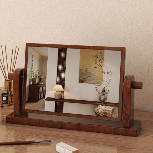 Desktop makeup mirror desktop makeup large round mirror dormitory bedroom portable princess mirror simple solid wood makeup table mirror walnut color small size 20cm-solid wood mirror