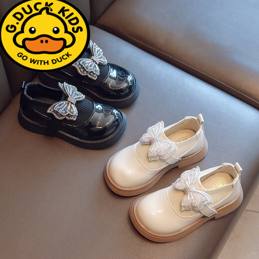 G.duck little yellow duck girls leather shoes children's soft sole princess shoes 2026 autumn and winter little girls fashion single shoes plus velvet children's shoes off-white 26 inner length 16.0cm